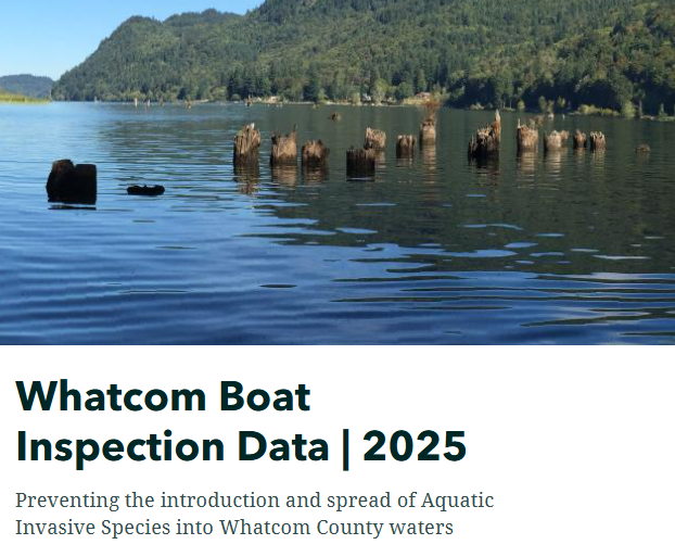 Lake Whatcom, text below says "Whatcom Boat Inspection Data 2025, preventing the introduction and spread of aquatic invasive species into Whatcom County waters
